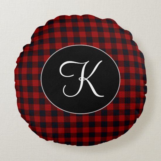 Personalized Monogram Red and Black Buffalo Plaid Round Pillow