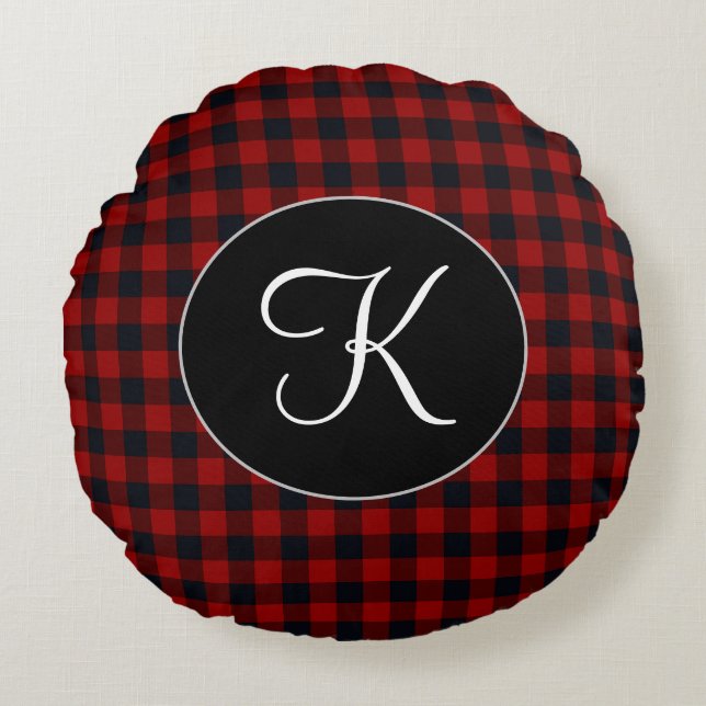 Personalized Monogram Red and Black Buffalo Plaid Round Pillow (Front)