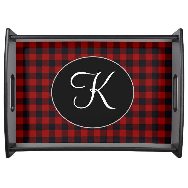 Personalized Monogram Red and Black Buffalo Plaid Serving Tray (Front)
