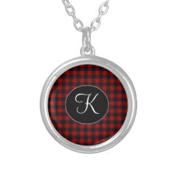 Personalized Monogram Red and Black Buffalo Plaid Silver Plated Necklace