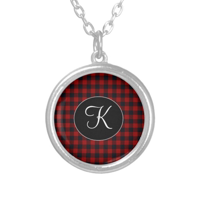 Personalized Monogram Red and Black Buffalo Plaid Silver Plated Necklace (Front)