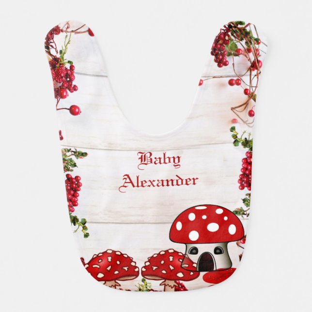 Personalized Monogram Red Berry Garden Toadstool  Baby Bib (Front)