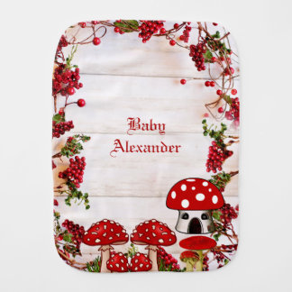 Personalized Monogram Red Berry Garden Toadstool  Baby Burp Cloth