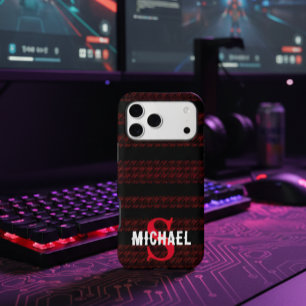 Personalized Monogram Red & Black Striped Pattern iPhone 17 Pro Max Case