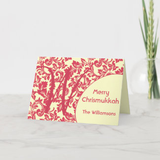 Personalized & Monogram Red Damask Chrismukkah Holiday Card