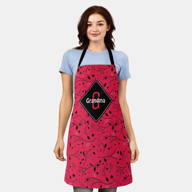 Personalized | Monogram | Red | Floral | GRANDMA Apron (Worn)