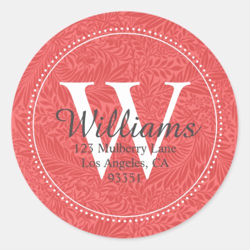 Personalized Monogram Red Floral Return Address Classic Round Sticker