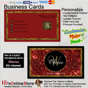 Personalized Monogram Red Gold Glitter QR Code 21 Business Card