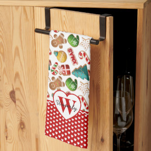 Personalized Monogram Red Hearts Gingerbread Xmas Kitchen Towel