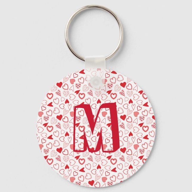 Personalized monogram red Hearts pattern Keychain (Front)