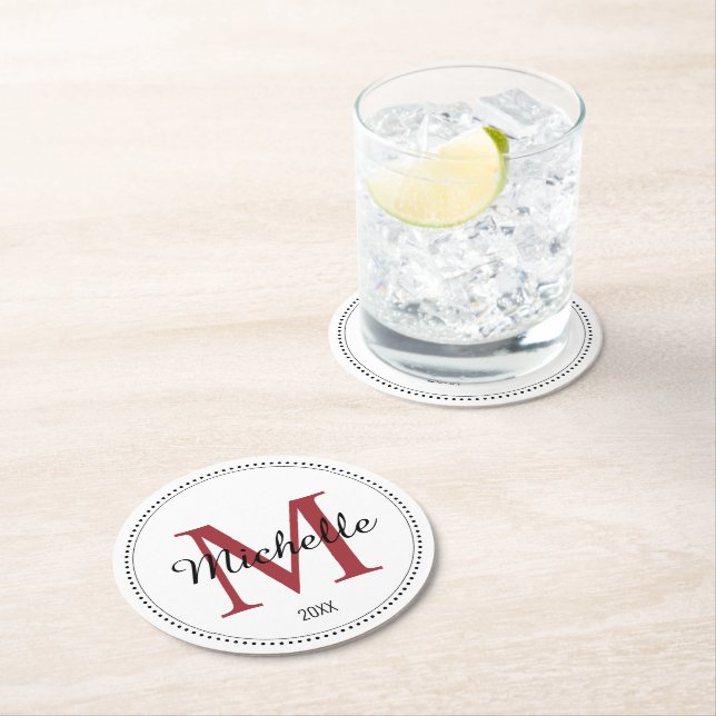 Personalized Monogram Red Round Paper Coaster (Insitu)