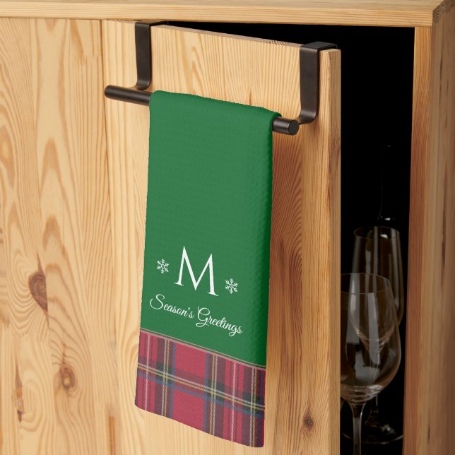 Personalized Monogram Red Tartan Green Christmas Kitchen Towel (Thirds Fold)