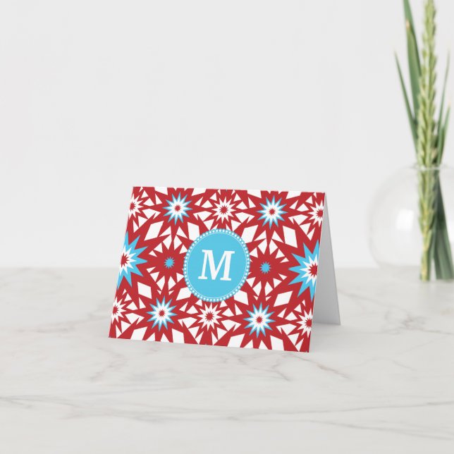 Personalized Monogram Red Teal Blue Star Pattern Note Card (Front)