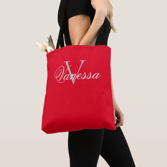 Personalized Monogram Red Tote Bag (Close Up)