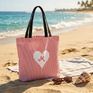 Personalized monogram red white stripes shopping tote bag