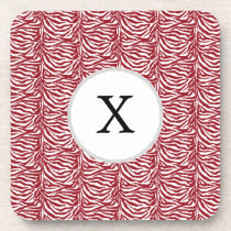 Personalized Monogram Red Zebra Stripes pattern Coaster