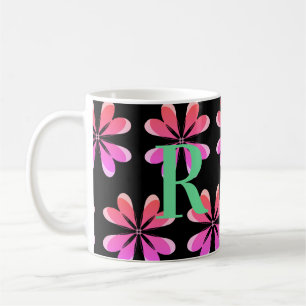 Personalized Monogram retro floral black pink Coffee Mug
