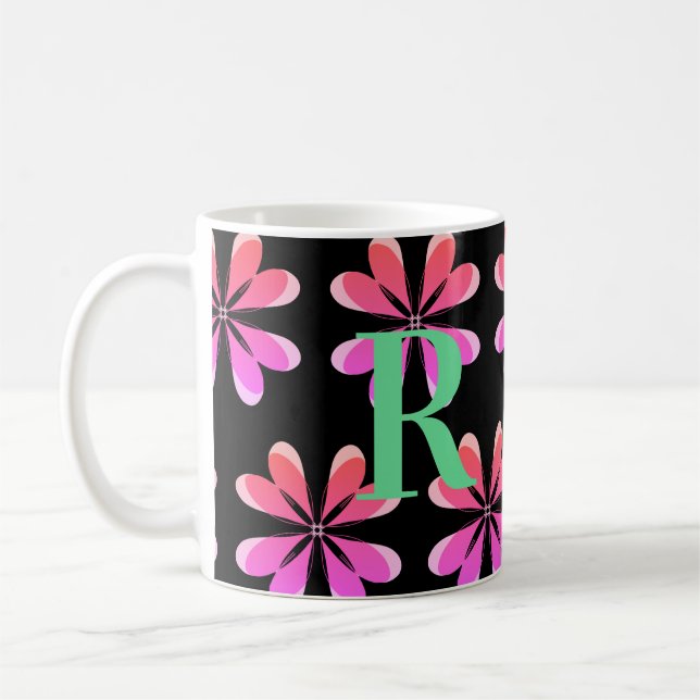 Personalized Monogram retro floral black pink Coffee Mug (Left)