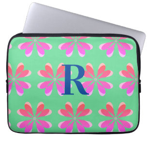 Personalized Monogram retro floral green pink Laptop Sleeve