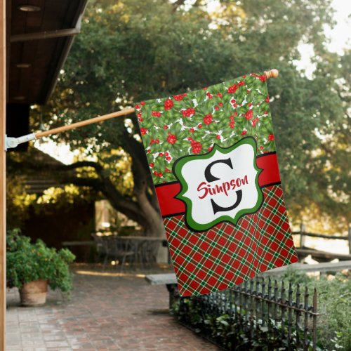 Personalized Monogram Retro Mistletoe Christmas House Flag