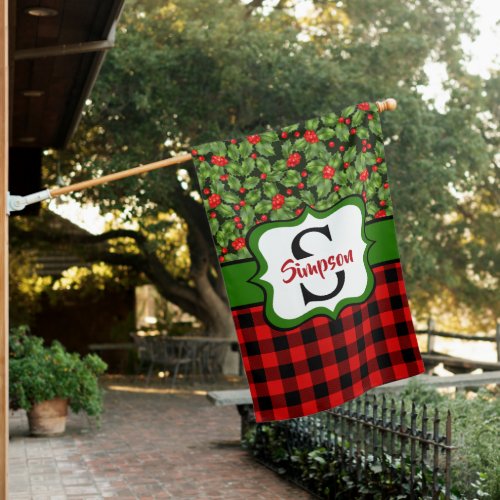 Personalized Monogram Retro Mistletoe Christmas House Flag