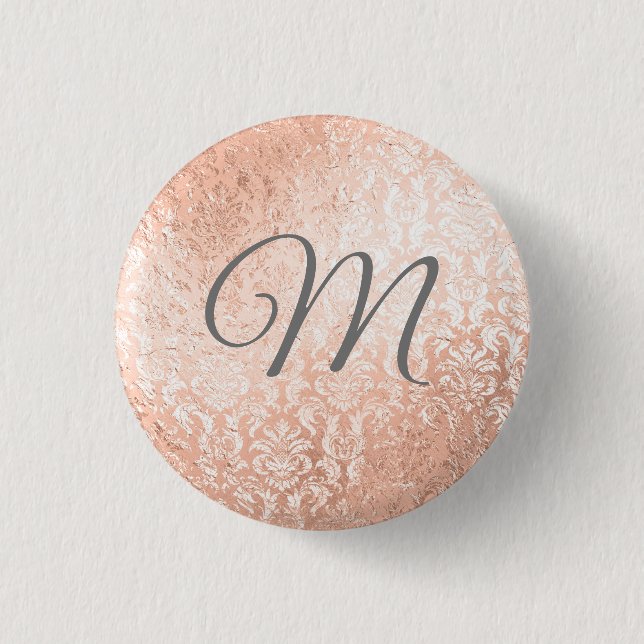 Personalized Monogram Rose Gold Damask Button (Front)