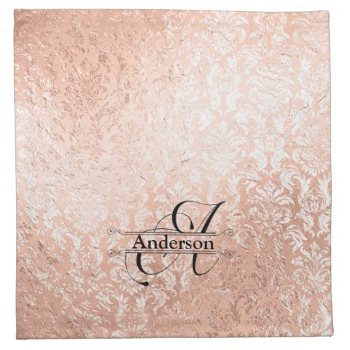 Personalized Monogram Rose Gold Damask Cloth Napkin