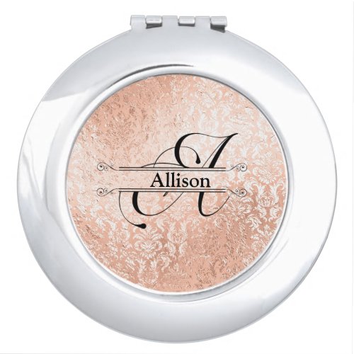 Personalized Monogram Rose Gold Damask Compact Mirror