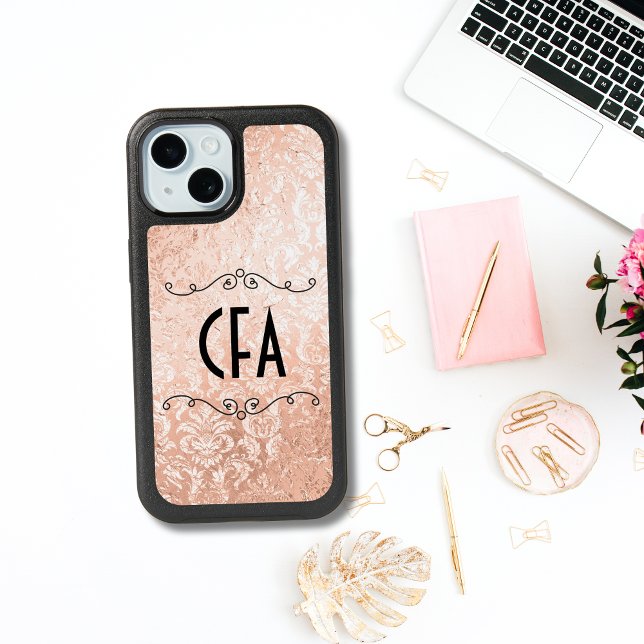 Personalized Monogram Rose Gold Damask iPhone 15 Case (Monogram initials Rose gold damask pattern iPhone Otterbox case
)