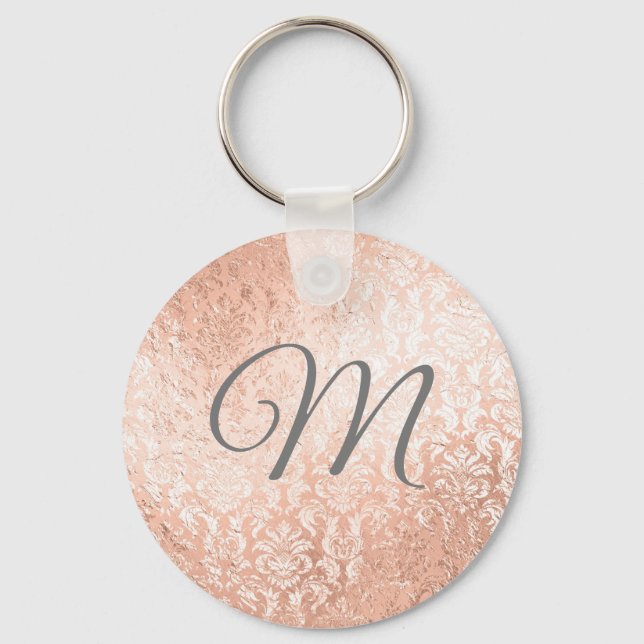 Personalized Monogram Rose Gold Damask Keychain (Front)