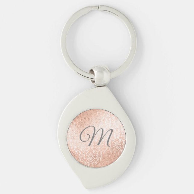 Personalized Monogram Rose Gold Damask Keychain (Front)