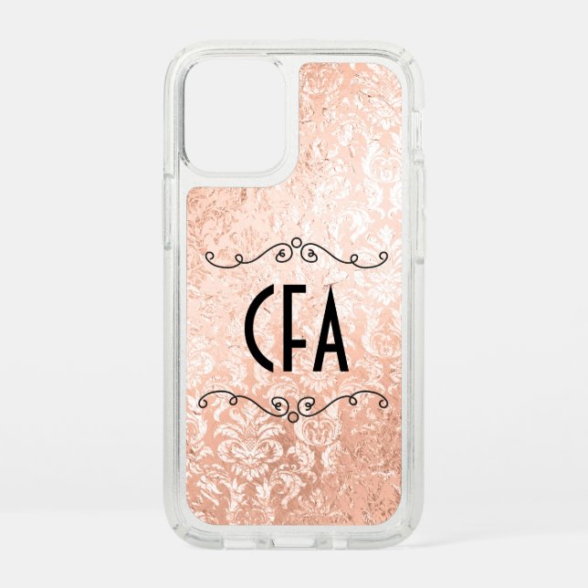 Personalized Monogram Rose Gold Damask Speck iPhone 12 Mini Case (Front)