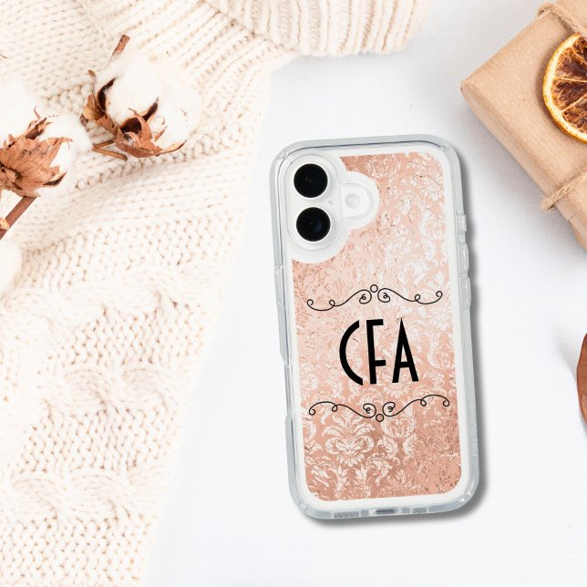 Personalized Monogram Rose Gold Damask Speck iPhone Case (Rose Gold Damask Monogrammed Initials tough iPhone case)