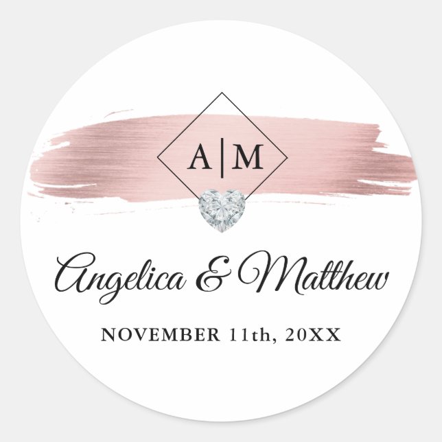 Personalized Monogram Rose Gold Heart Wedding Classic Round Sticker (Front)