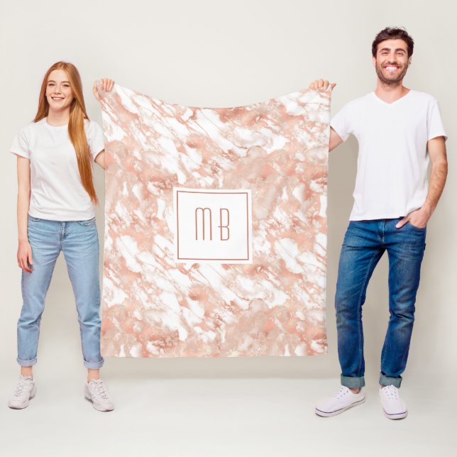 Personalized Monogram Rose Gold White Marble Fleece Blanket (In Situ)