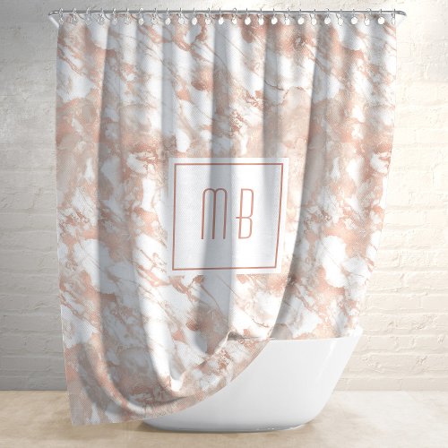 Personalized Monogram Rose Gold White Marble Shower Curtain