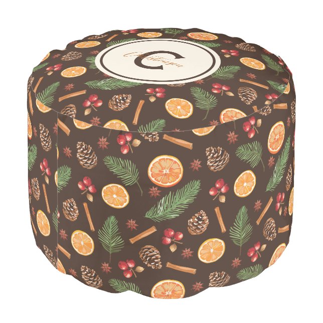 Personalized Monogram Rustic Botanical Christmas  Pouf (Angled Back)