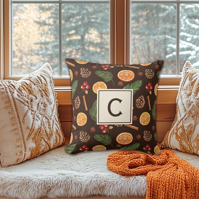 Personalized Monogram Rustic Botanical Christmas Throw Pillow (Shown on a 16" x 16" Throw Pillow)