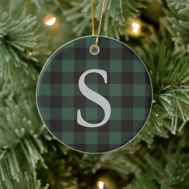 Personalized Monogram Rustic Green Black Plaid Ceramic Ornament (Tree)