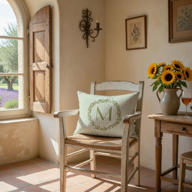 Personalized Monogram Sage Green Stripes & Olives Accent Pillow (Creator Uploaded)