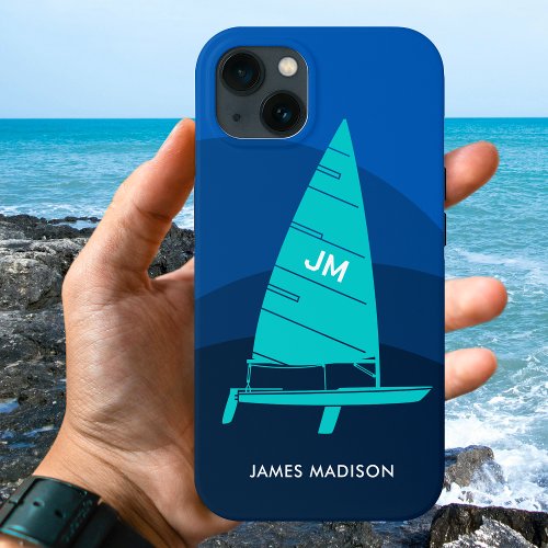 Personalized Monogram Sailboat Racing Blue Green iPhone 13 Case