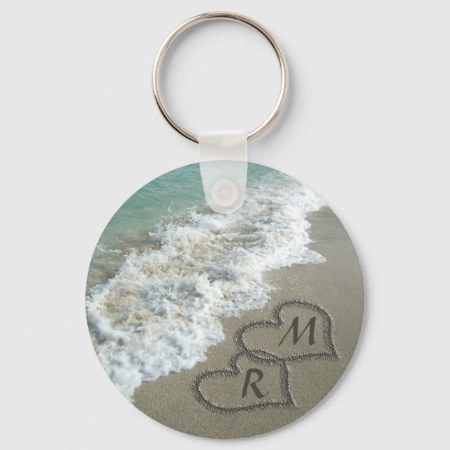 Personalized Monogram Sand Hearts on Beach Ocean Keychain (Front)