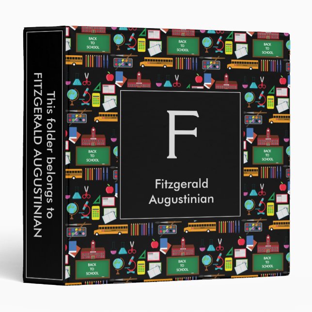 Personalized Monogram SCHOOL SUBJECTS Black 3 Ring Binder (Front/Spine)
