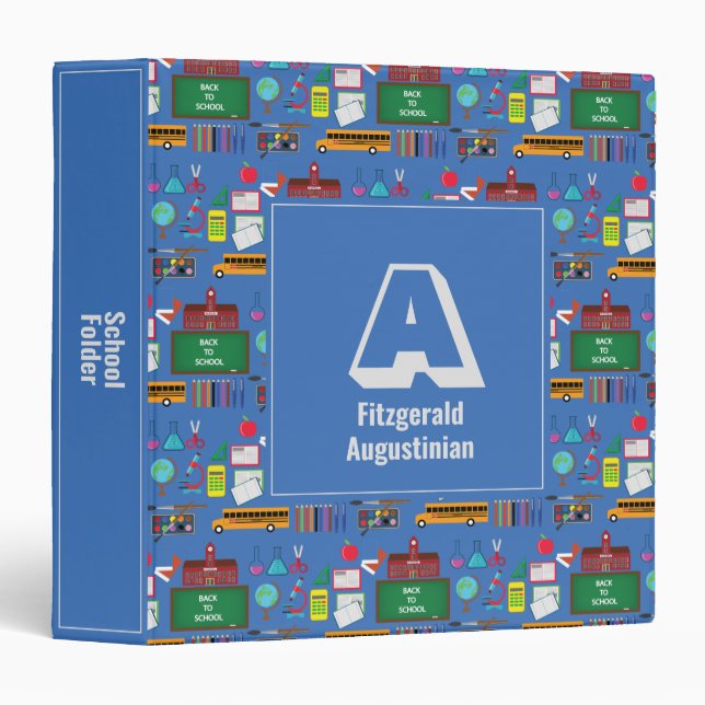 Personalized Monogram SCHOOL SUBJECTS Blue 3 Ring Binder (Front/Spine)
