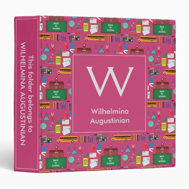 Personalized Monogram SCHOOL SUBJECTS Pink 3 Ring Binder (Front/Spine)