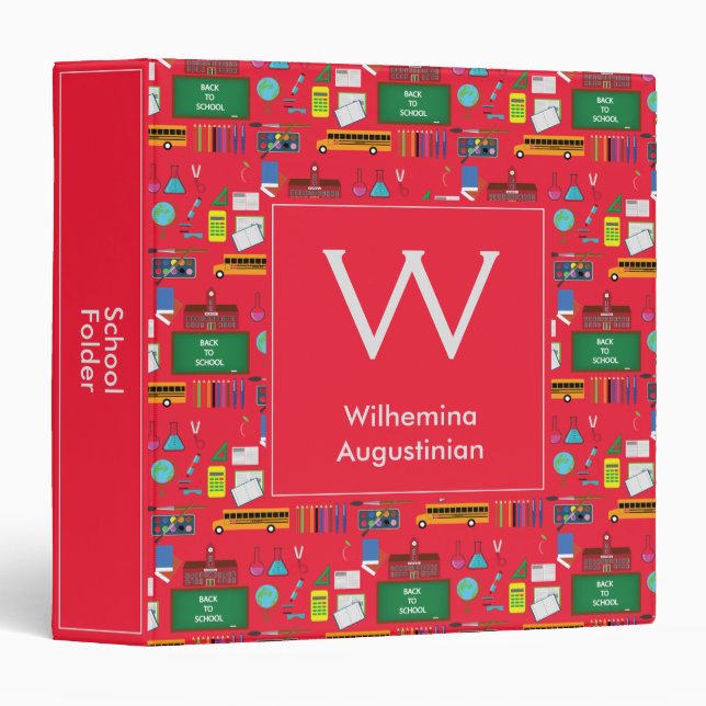 Personalized Monogram SCHOOL SUBJECTS Red 3 Ring Binder (Front/Spine)