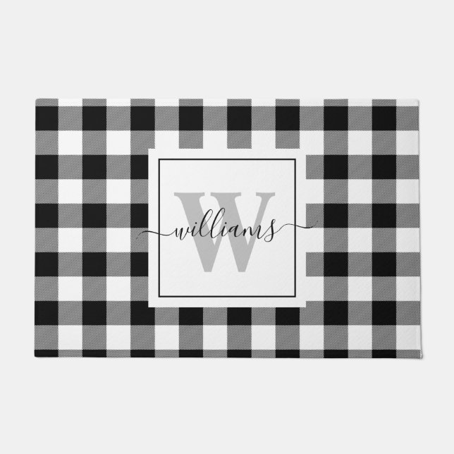 Personalized Monogram Script Black Buffalo Plaid Doormat (Front)