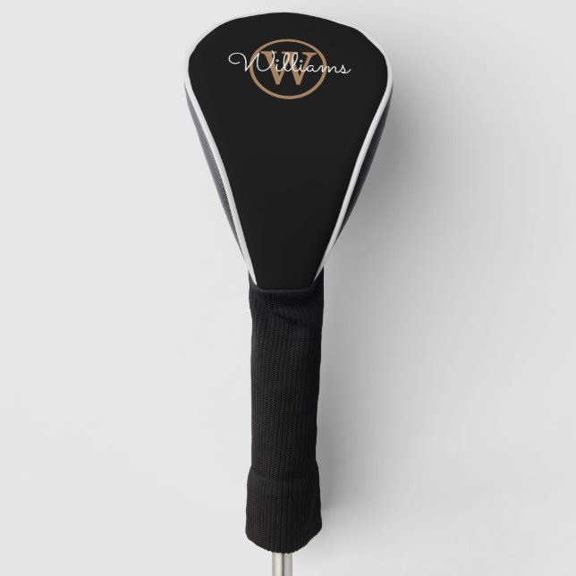 Personalized Monogram Script Black Gold Golf Head Cover (Front)