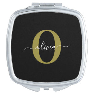 Personalized Monogram Script Name Black White Gold Compact Mirror
