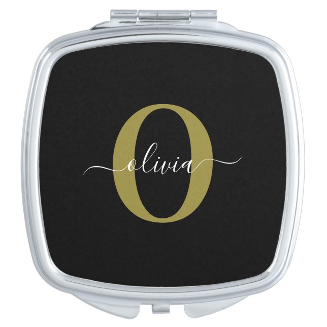 Personalized Monogram Script Name Black White Gold Compact Mirror (Front)